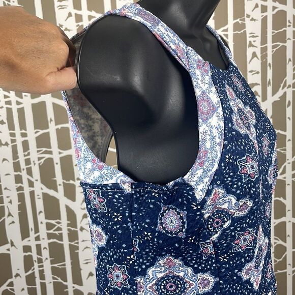 Rewind Textured High Neck Cut Out Fit & Flare Dress Blue Pink sz L - Picture 4 of 14